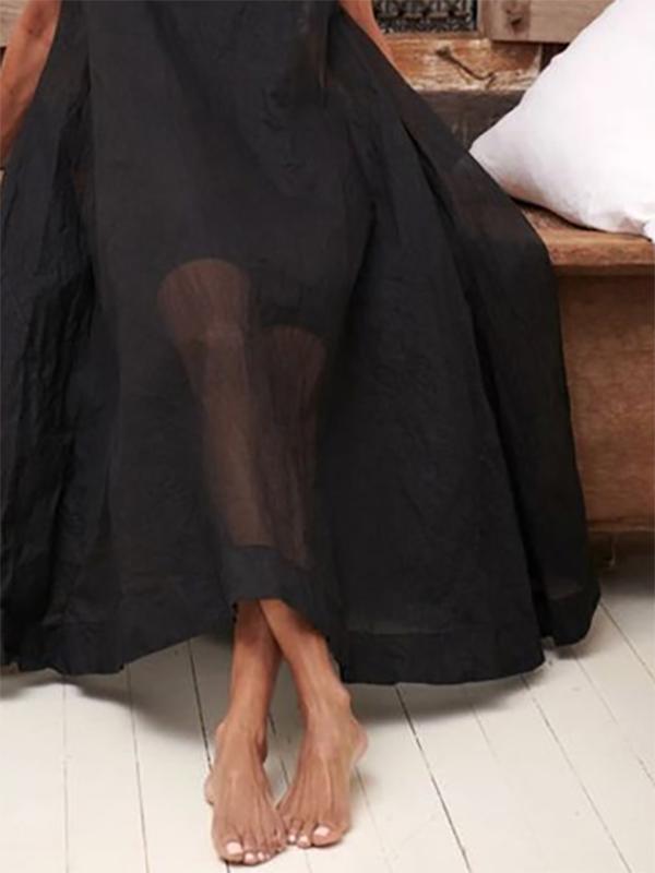 A-Line Loose Pockets See-Through Solid Color Round-Neck Cover-Up Midi Dresses Product Image