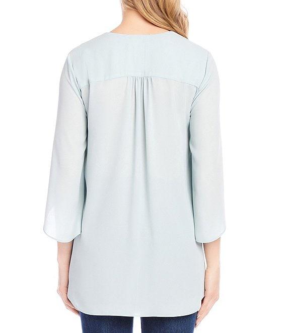 Karen Kane Silky Crepe V-Neck 3/4 Flare Sleeve Asymmetric Top Product Image