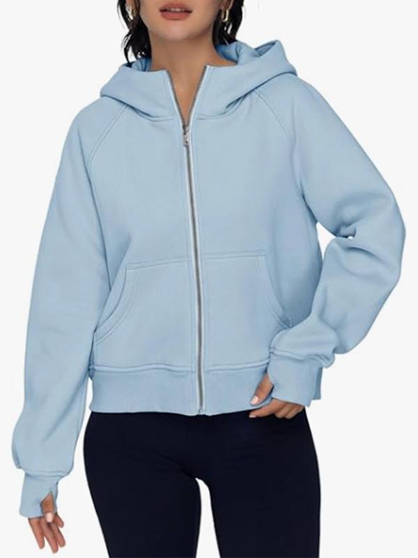 Hooded Long Sleeves Pockets Solid Color Zipper Jackets Outerwear Product Image