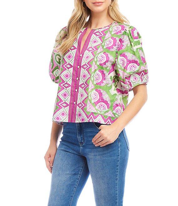 Karen Kane Printed Woven Split Round Neck Short Puff Sleeve Button-Front Shirt Product Image