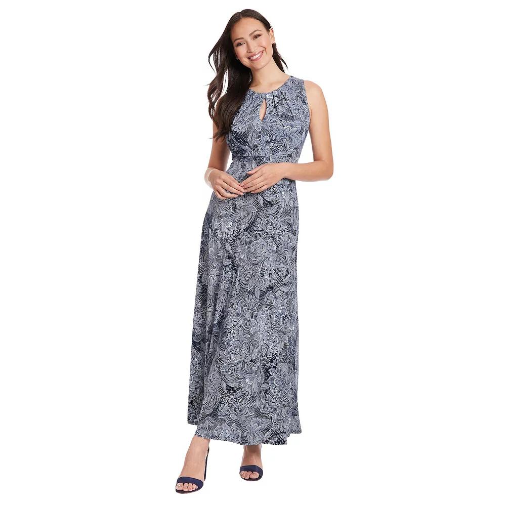 Women's London Times Falling Leaves Print Keyhole Neck Pleated Maxi Dress, Size: 10, Navy Blue Product Image
