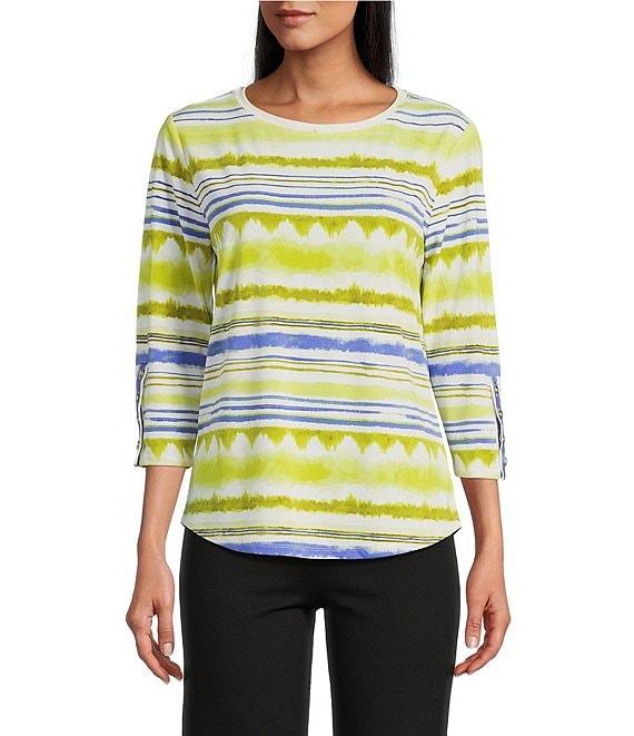 Slim Factor by Investments Watercolor Stripe Print Crew Neck 3/4 Sleeve Snaps Top Product Image