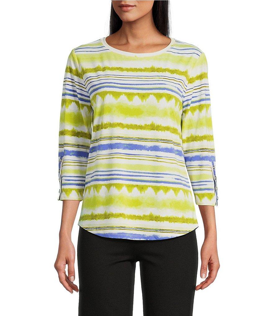Slim Factor by Investments Watercolor Stripe Print Crew Neck 3/4 Sleeve Snaps Top Product Image