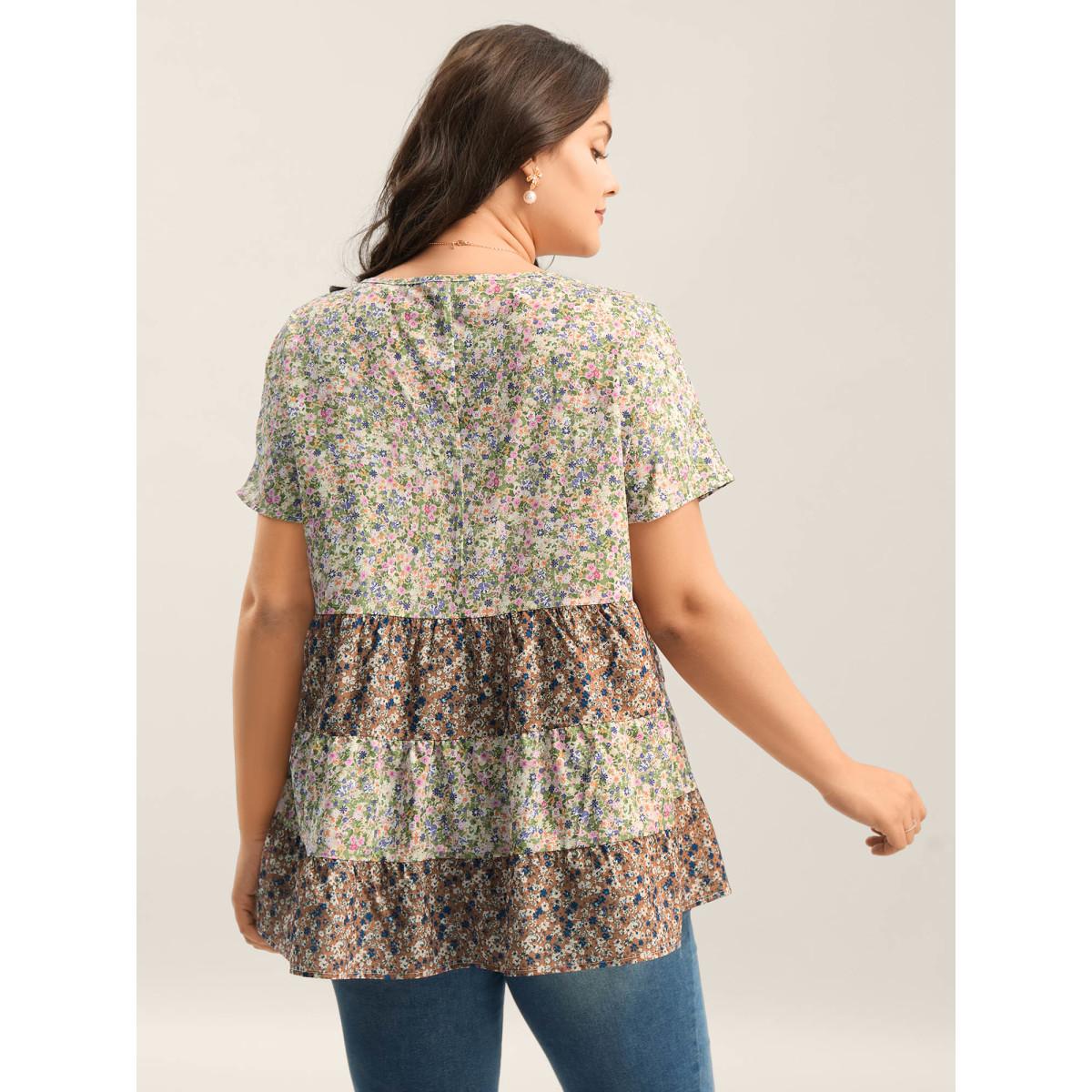 Plus Size Multicolor Ditsy Floral Print Tiered Blouse Women Timeless Short sleeve Round Neck Elegant Blouses BloomChic 14-16/1X Product Image