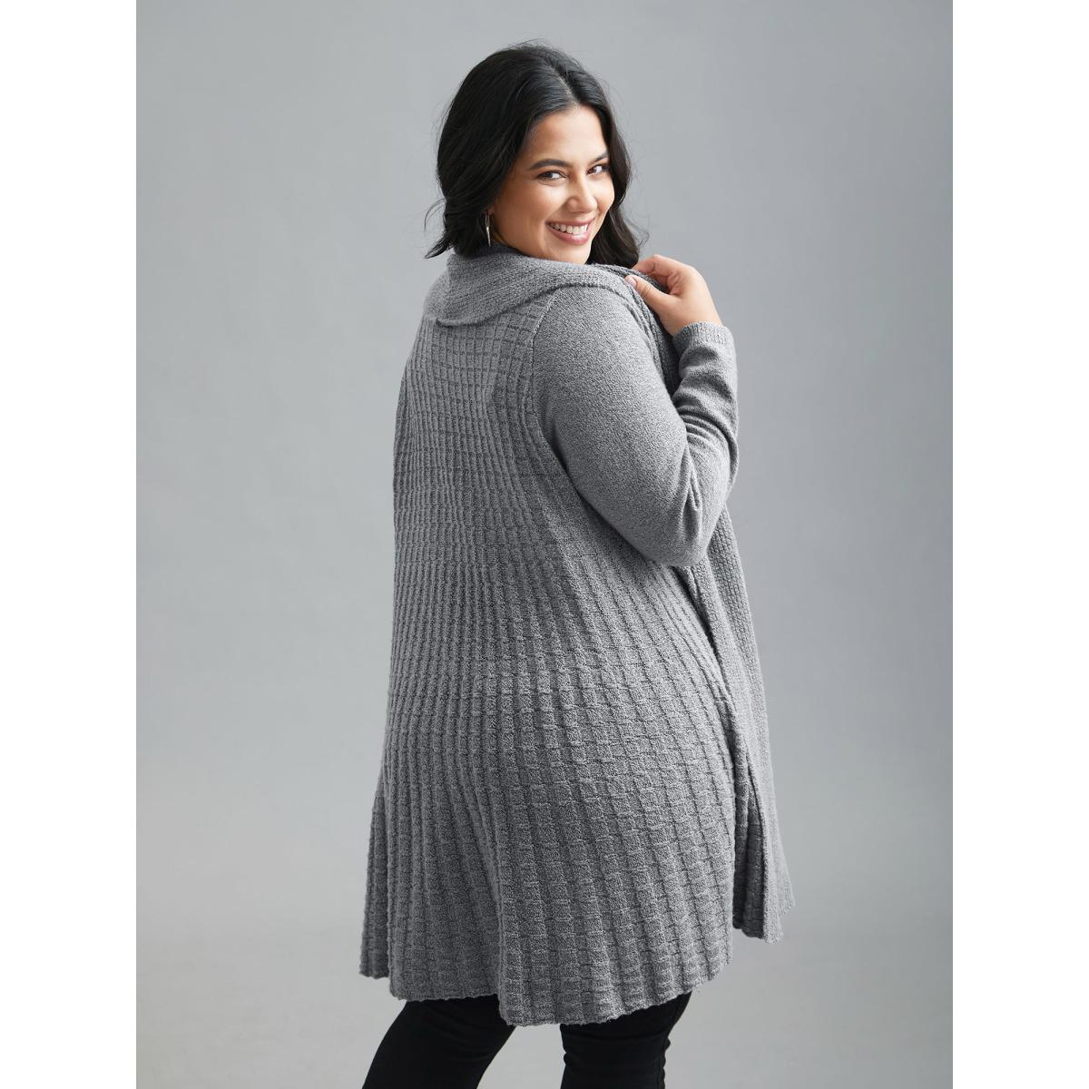 Plus Size Folded Kimono Collar Plain Plisse Cardigan DarkGray Women Casual Loose Long Sleeve Everyday Cardigans BloomChic 10/M Product Image