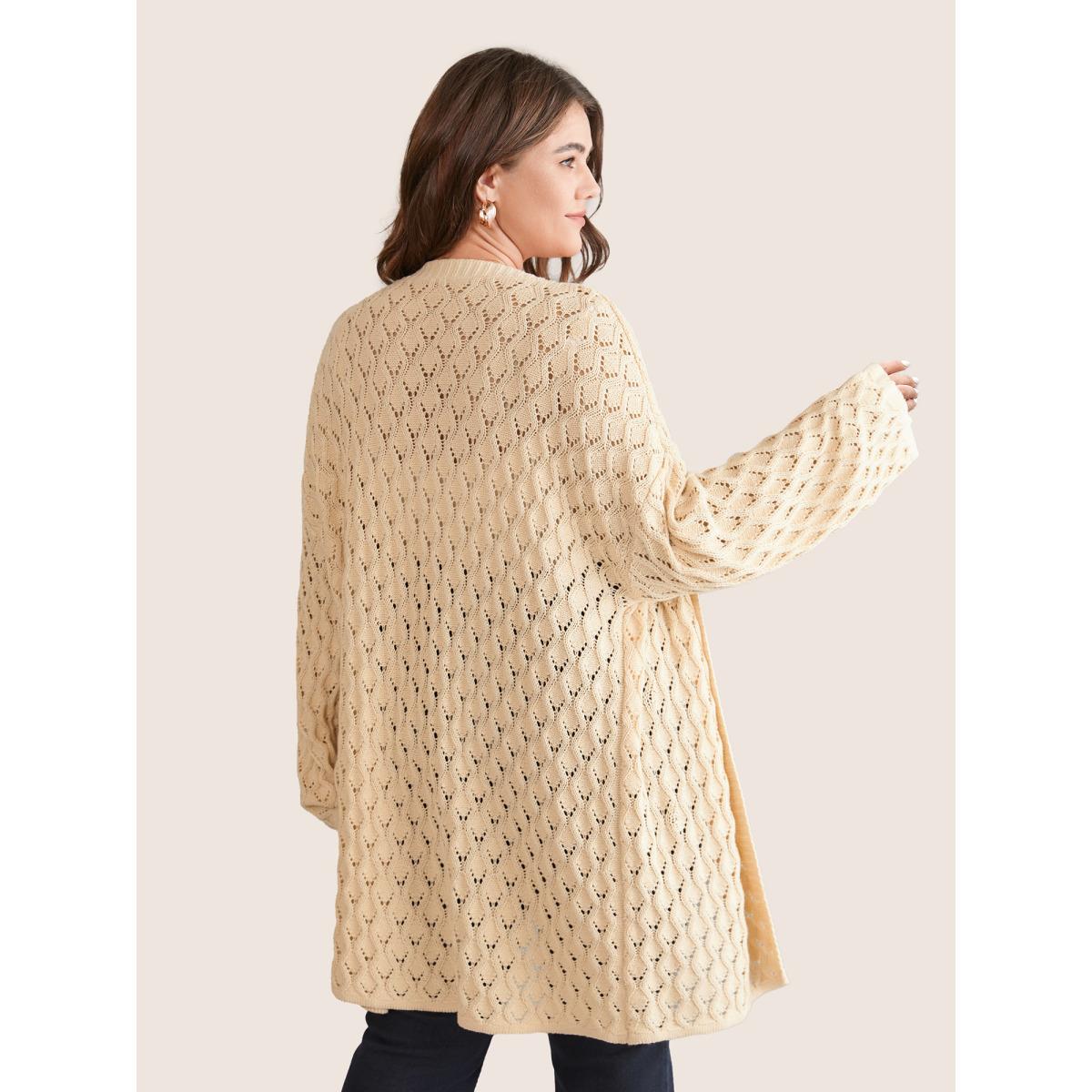 Plus Size Plain Hollow Out Drop Shoulder Cable Knit Cardigan Apricot Women Casual Long Sleeve Everyday Cardigans BloomChic 14-16/1X Product Image