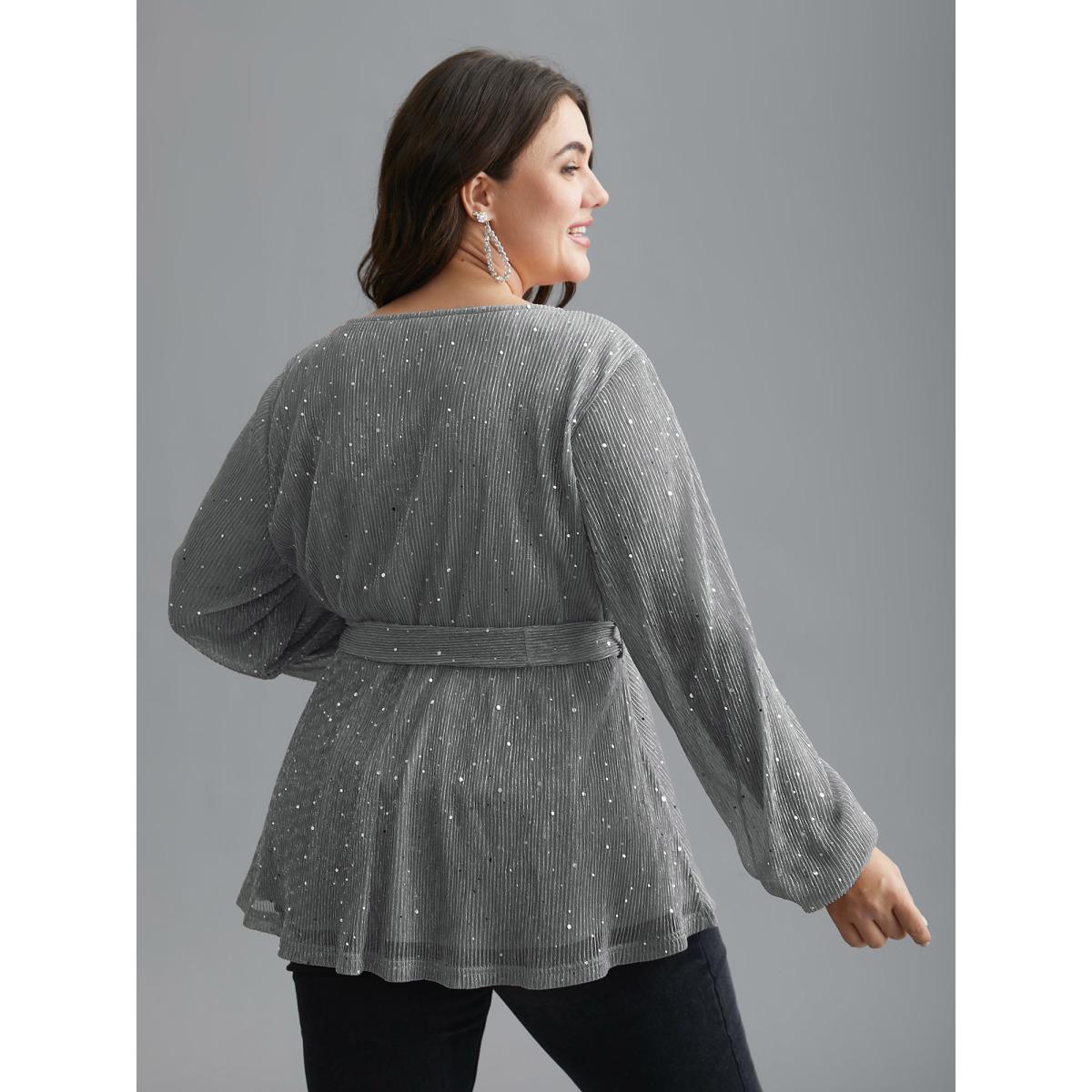 Plus Size LightGray Sequin Mesh Lantern Sleeve Wrap Belted Striped Blouse Women Party&Cocktail Long Sleeve Overlap Collar Party Blouses BloomChic 22-24/3X Product Image