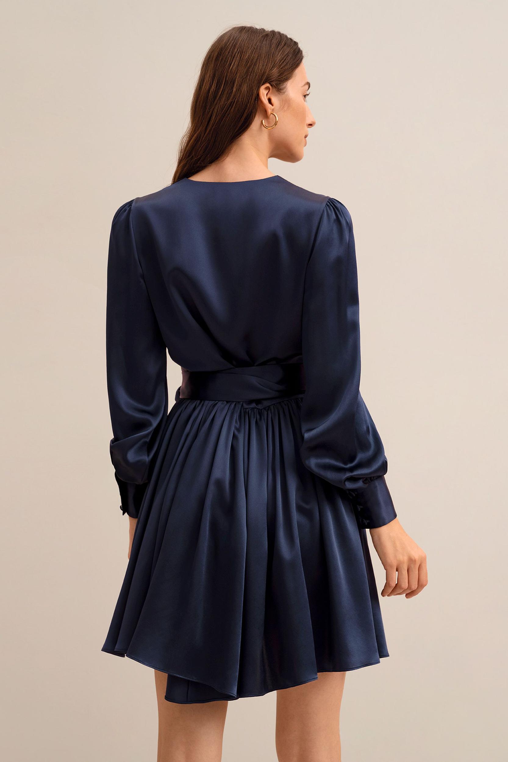 LILYSILK Long Sleeve Silk Dress for Women Navy Blue Pure Silk Glossy Puff Sleeves Skin-Friendly and Breathable S Product Image