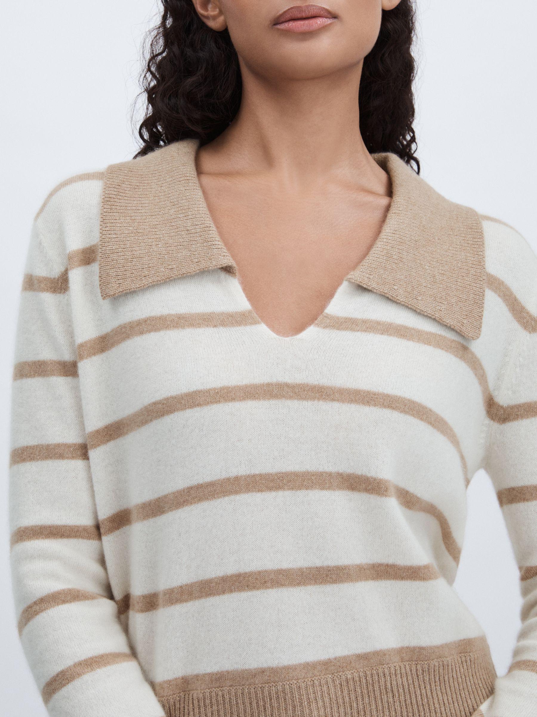 Cashmere Open Collar Striped Jumper in White/Beige Product Image