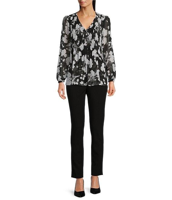 Calvin Klein Petite Size Floral Print V-Neck Long Puffed Sleeve Pleated Blouse Product Image
