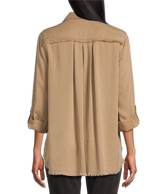 Multiples Lyocell Twill Point Collar Long Roll-Tab Sleeve Button-Front Fringed Shirt Product Image