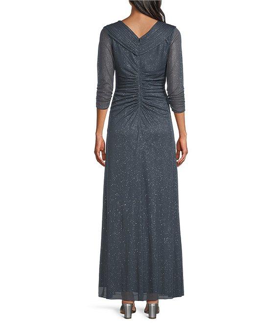 Alex Evenings Petite Size Glitter Mesh V-Neck Embellished Ruched Waist 3/4 Sleeve Gown Product Image