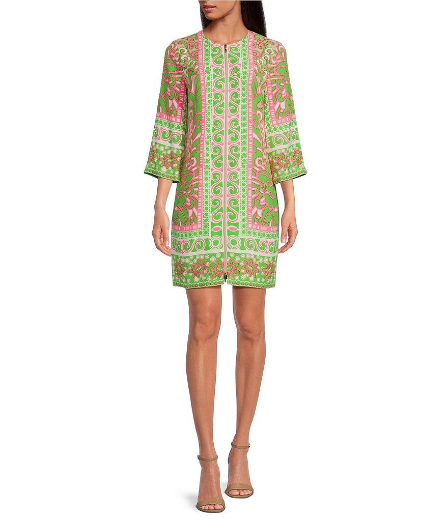 Trina Turk Botanical Placement Print Split V-Neck 3/4 Sleeve Zip Front Dress Product Image