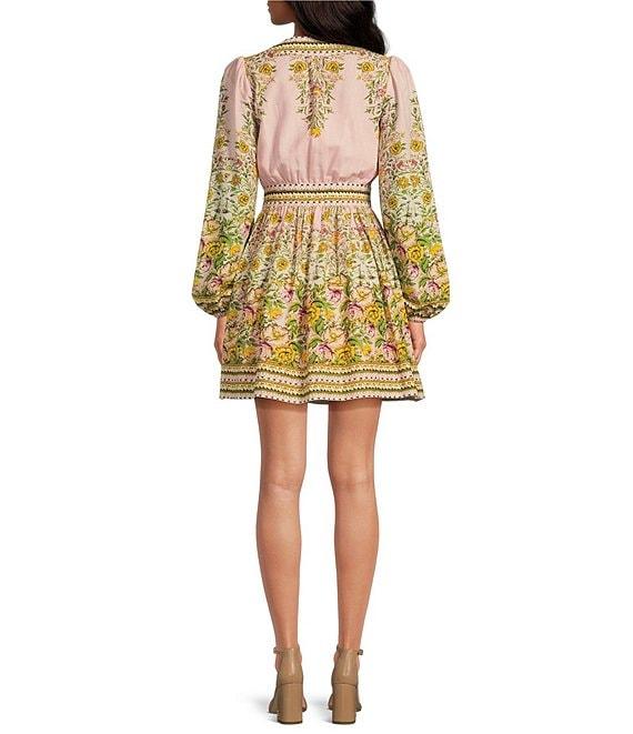 A Loves A Floral Print Surplice V-Neck Long Bubble Sleeve Wrap Above the Knee A-Line Dress Product Image