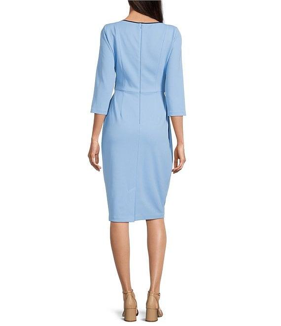 Adrianna Papell Contrasting Trim Boat Neck 3/4 Sleeve Tie Waist Crepe Sheath Dress Product Image