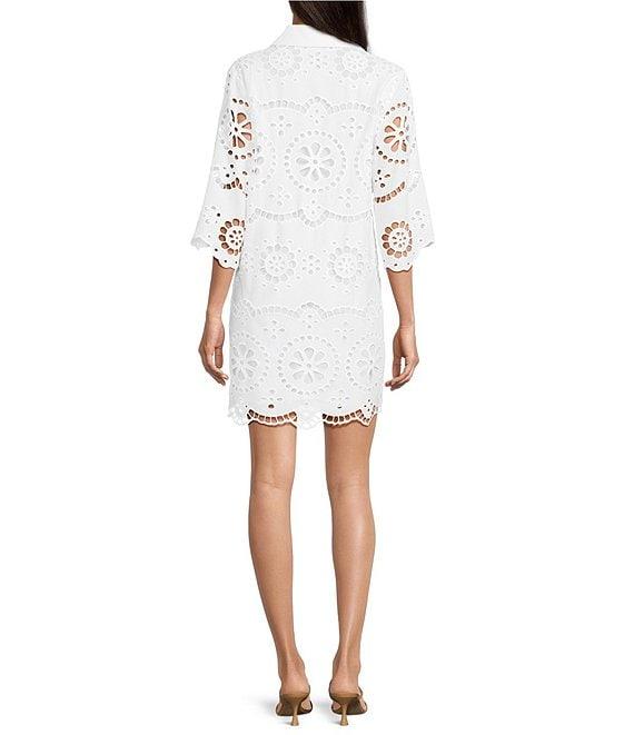 tyler boe Penny Eyelet Point Collar Split V-Neck 3/4 Bell Sleeve Scallop Dress Product Image