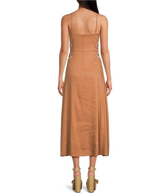 Gianni Bini Ash Square Neck Sleeveless Cut Out Shell Detail Midi Linen A-Line Dress Product Image