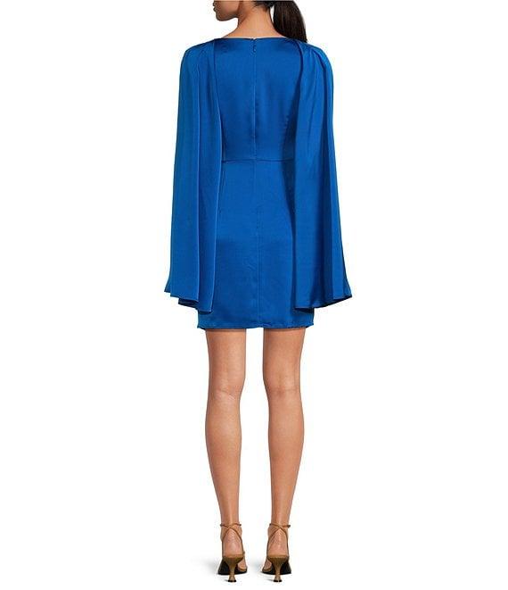 Belle by Badgley Mischka Nora Satin V-Neck Long Bell Sleeve Twist Front Mini Dress Product Image