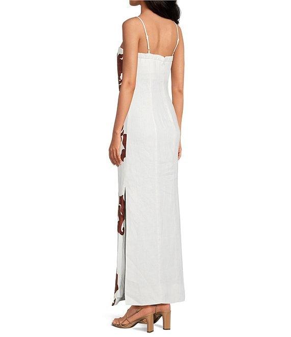 Le' AL.X Linen Embroidered Square Neck Sleeveless Spaghetti Strap Column Side Slit Maxi Dress Product Image