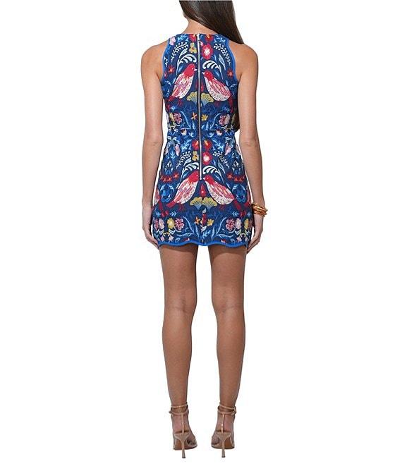 Adelyn Rae Round Neck Sleeveless Embroidered Bird Scallop Hem Mini Dress Product Image