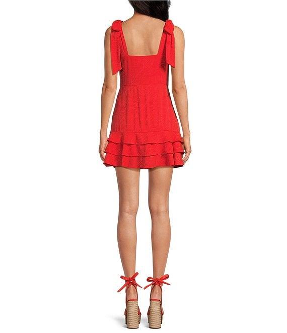 Gianni Bini x Shea Leigh Mills Julia Jacquard Square Neck Sleeveless Tie Strap Mini Ruffle A-Line Dress Product Image