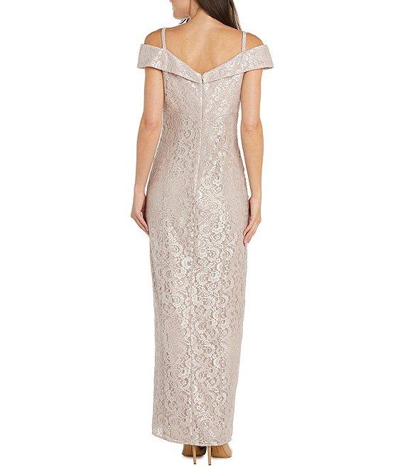 R & M Richards Sleeveless Off-The-Shoulder Rhinestone Detail Sweetheart Neck Front Slit Lace Glitter Gown Product Image