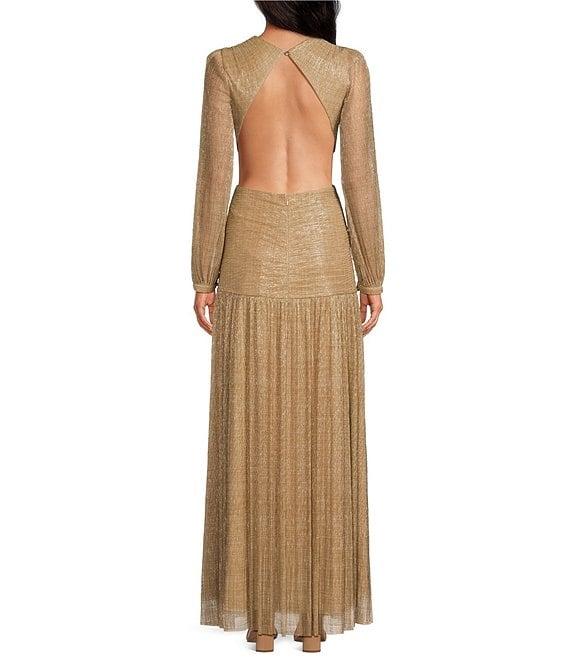 Gianni Bini Hazel Metallic Chiffon V-Neck Long Sleeve Cut Out Dress Product Image