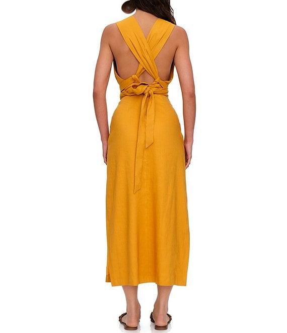 Andrea Iyamah Zado Linen Blend Deep V-Neck Sleeveless Panel Side Slit Gathered Tie Waist Wrap Maxi Dress Product Image