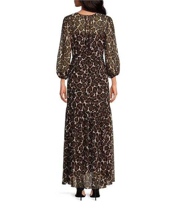 Trina Turk Shalina Crinkle Georgette Leopard Print Split V-Neck 3/4 Sleeve Belted Maxi A-Line Dress Product Image