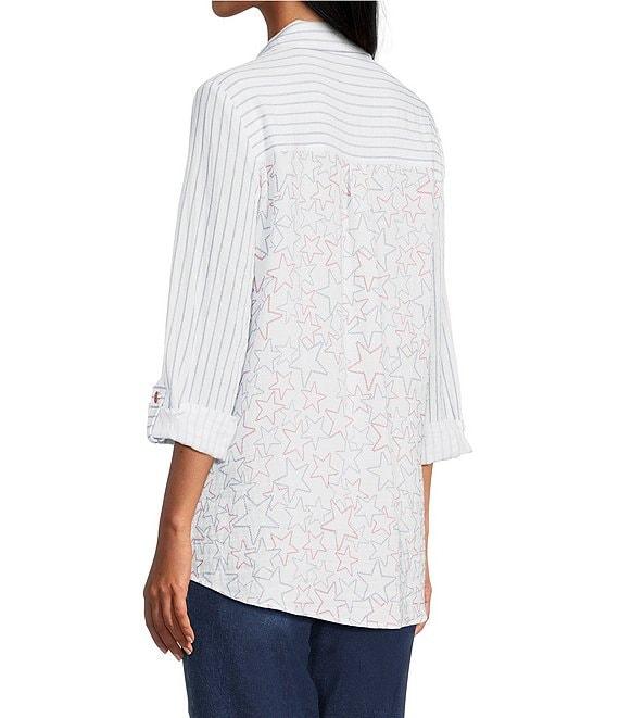 Multiples Crinkle Woven Stars And Stripe Printed Point Collar Long Roll-Tab Sleeve Hi-Low Hem Button Front Shirt Product Image