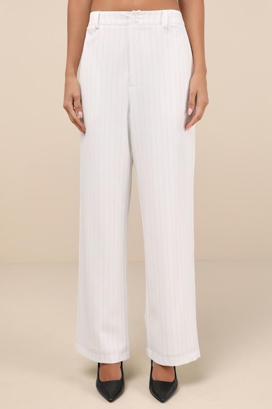 Chic Viewpoint White Pinstriped Straight Leg Trousers Product Image