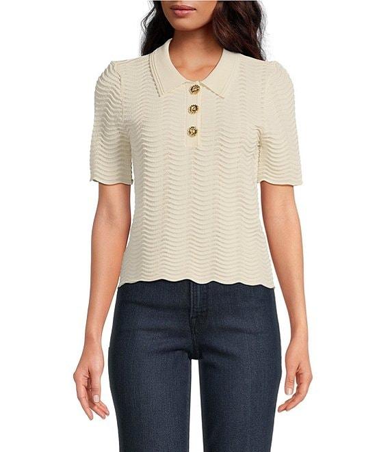 CeCe Knit Collared Short Sleeve Sweater Product Image