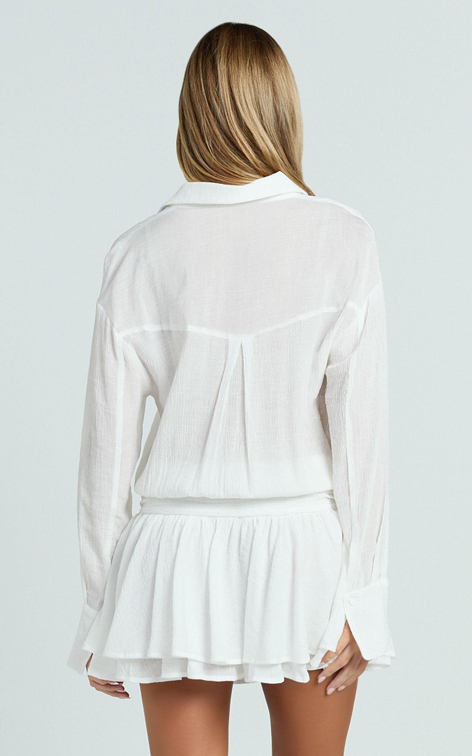 Edith Mini Dress - Long Sleeve Drop Waist Shirt Dress in White Product Image