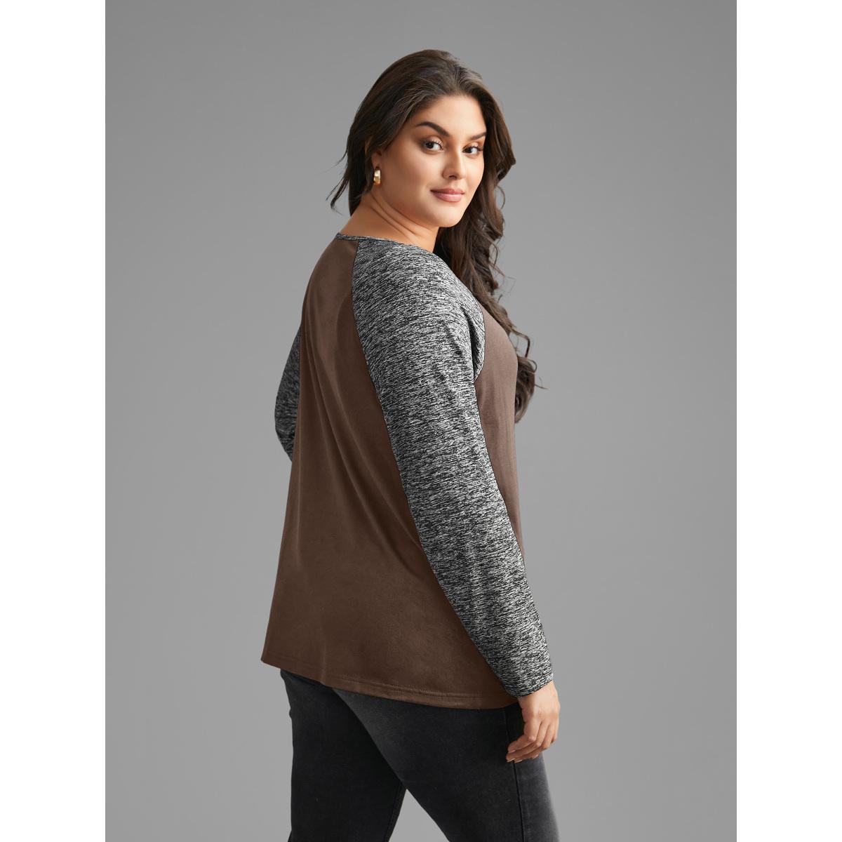 Plus Size Heather Patchwork Button Detail Stretchy T-Shirt DarkBrown Women Casual Contrast Flat collar with V-notch Everyday T-shirts BloomChic 12/L Product Image