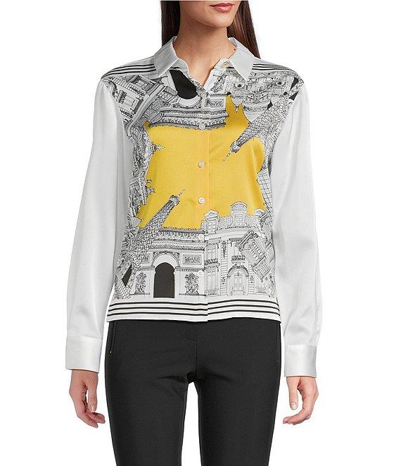 KARL LAGERFELD PARIS Woven Satin Printed Point Collar Long Sleeve Button Down Blouse Product Image