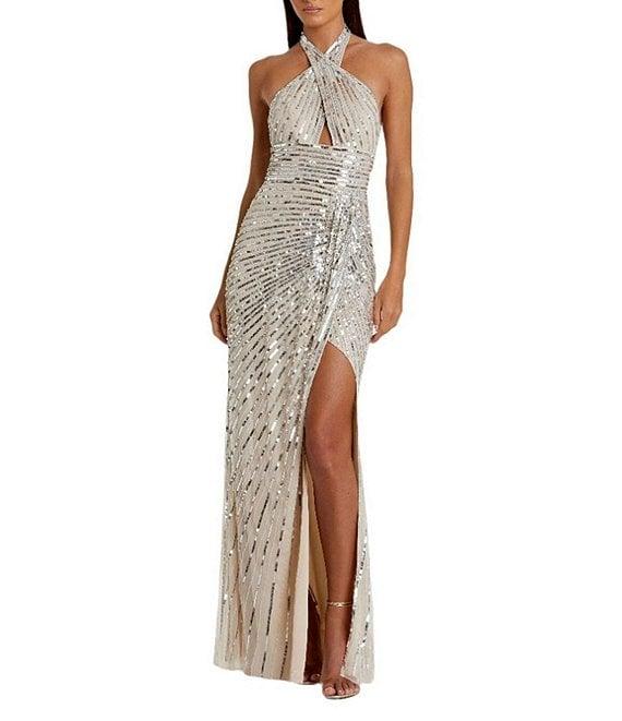 Mac Duggal Halter Keyhole Neck Sequin Front Slit Column Gown Product Image