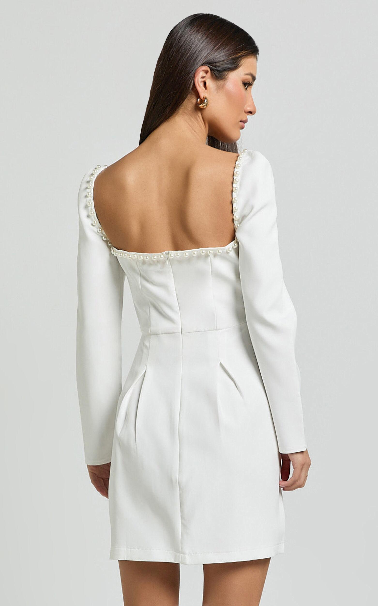 Edelyn Mini Dress - Square Neck Long Sleeve A Line Dress in White Product Image