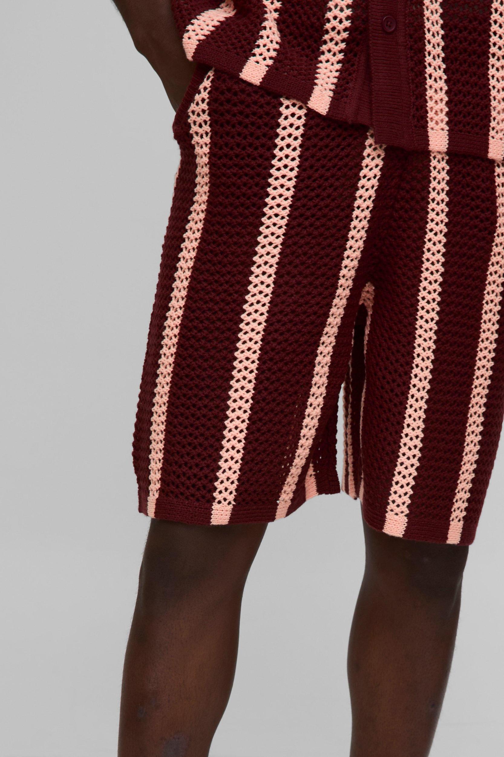 Relaxed Fit Longline Open Stitch Stripe Knitted Shorts | boohooMAN USA Product Image