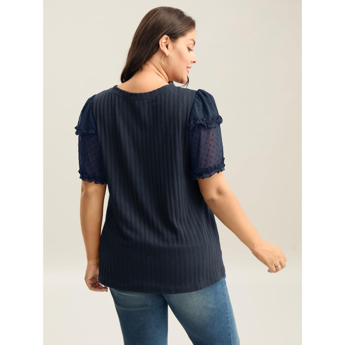 Plus Size Textured Pit Strip Layered Sleeve Sheer T-Shirt Indigo Women Texture Round Neck Everyday-Casual T-shirts BloomChic 12/L Product Image