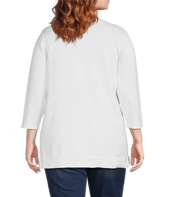 Leo & Nicole Plus Size Pointelle Trim 3/4 Sleeve Open-Front Cardigan Product Image