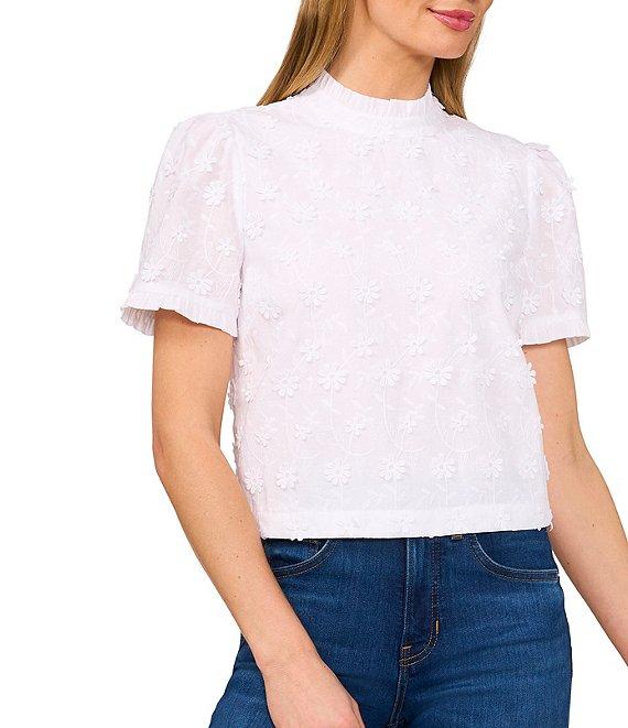 CeCe Ruffle Mock Neck Short Sleeve 3D Embroidered Flower Ruffle Top Product Image