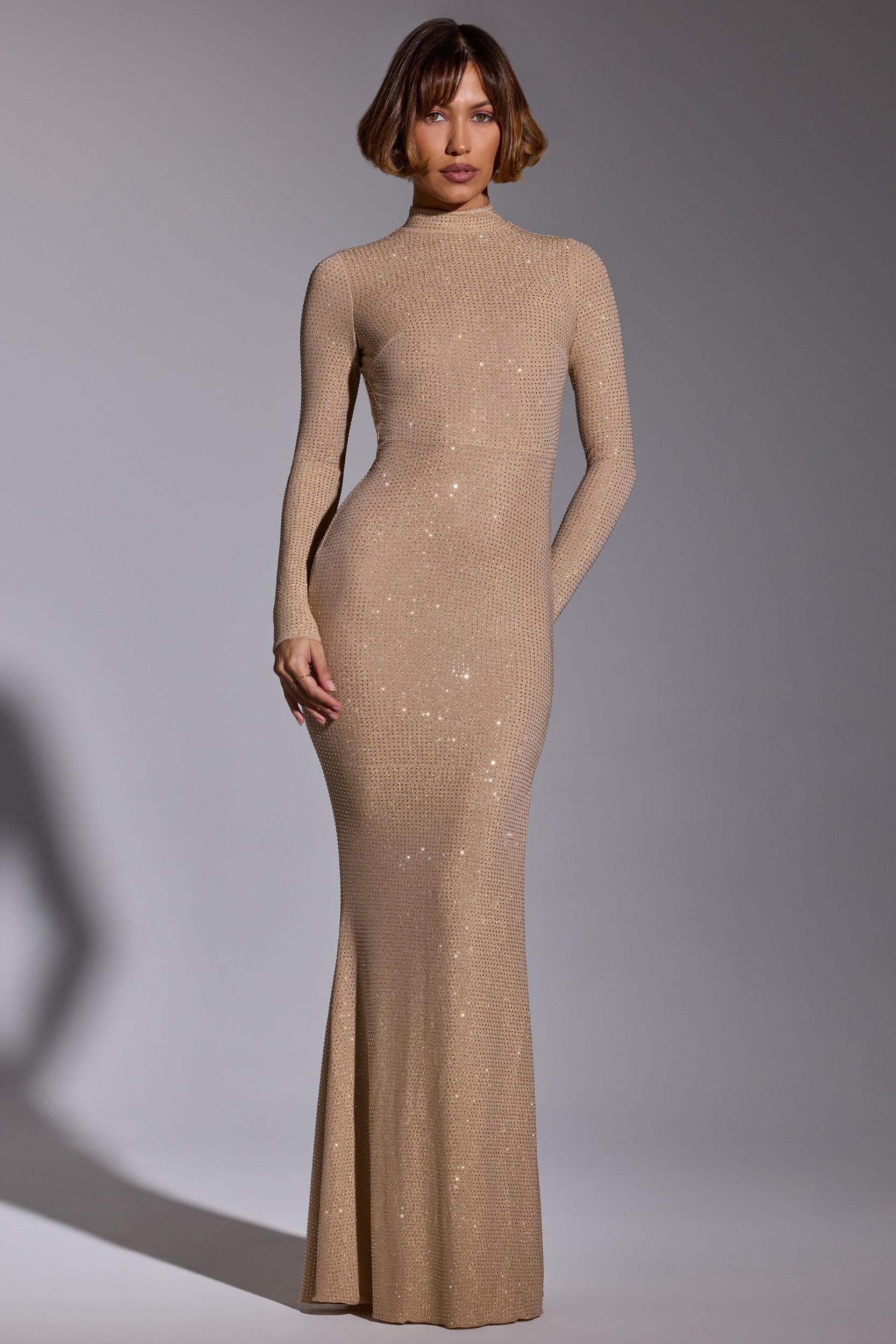 Embellished Long Sleeve Evening Gown in Gold Product Image