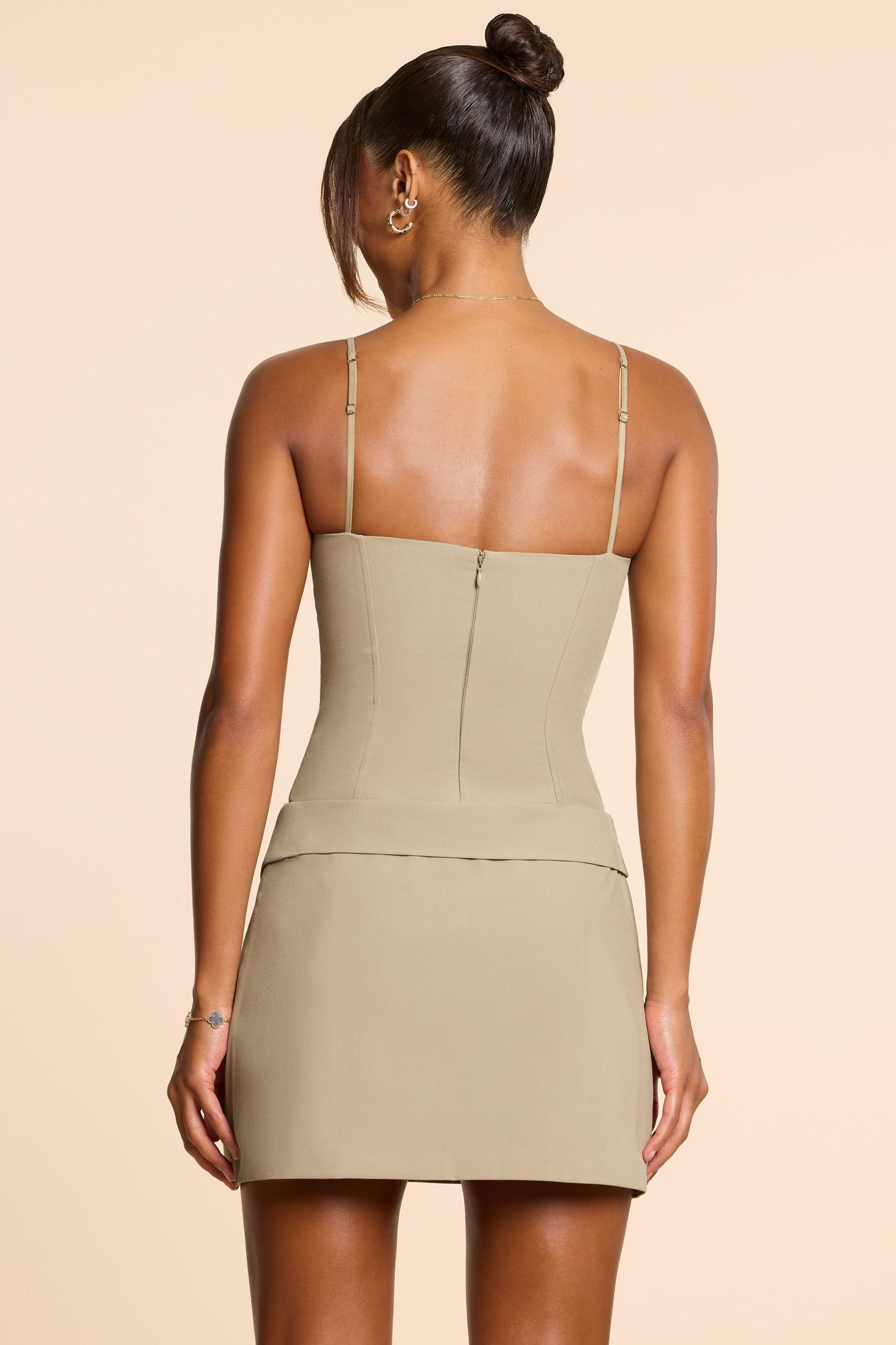 Woven Twill Wrap Over Pleated Mini Dress in Taupe Product Image