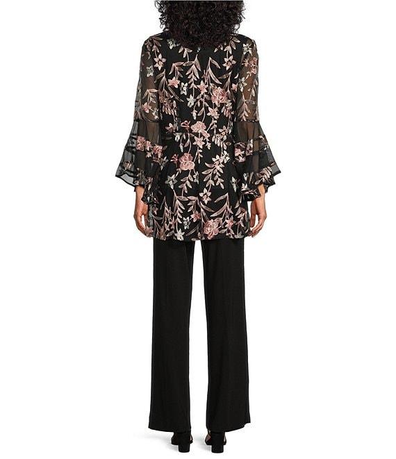 R & M Richards Bell Sleeve Scoop Neck Embroidered Mesh 3-Piece Duster Pant Set Product Image