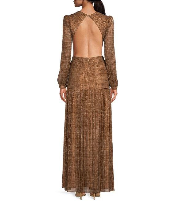 Gianni Bini Hazel Metallic Chiffon V-Neck Long Sleeve Cut Out Dress Product Image