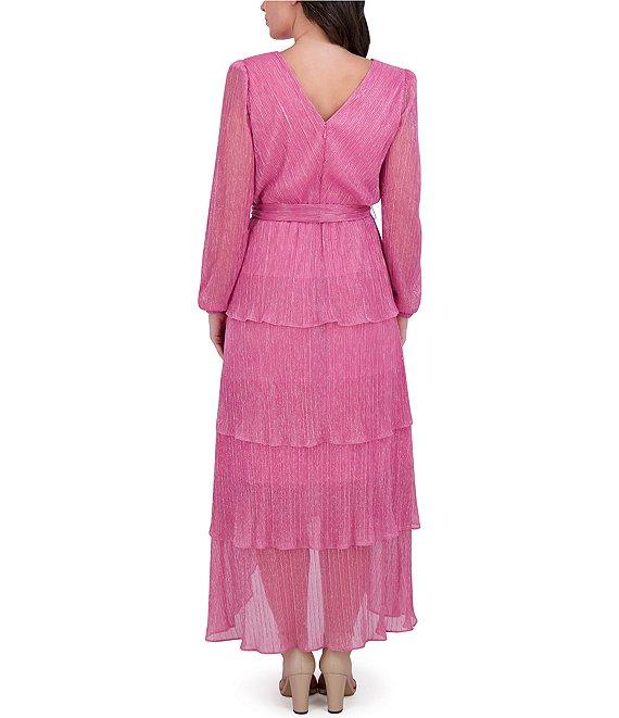 Kensie Shimmer Knit V-Neck Long Sleeve Tie Waist Ruffle Skirt A-Line Maxi Dress Product Image