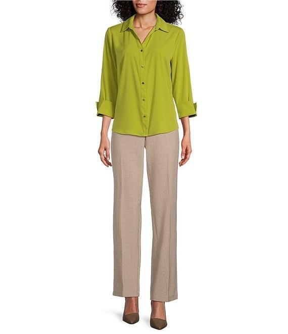 Investments Woven 3/4 Sleeve Point Collar Button Front Split Cuff Top Product Image