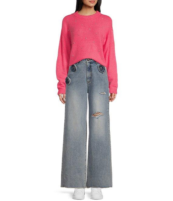 C&V Chelsea & Violet Distressed Rosette Wide Leg Denim Jeans Product Image