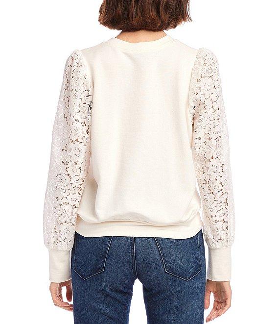 Karen Kane Crew Neck Long Contrast Lace Sleeve Top Product Image