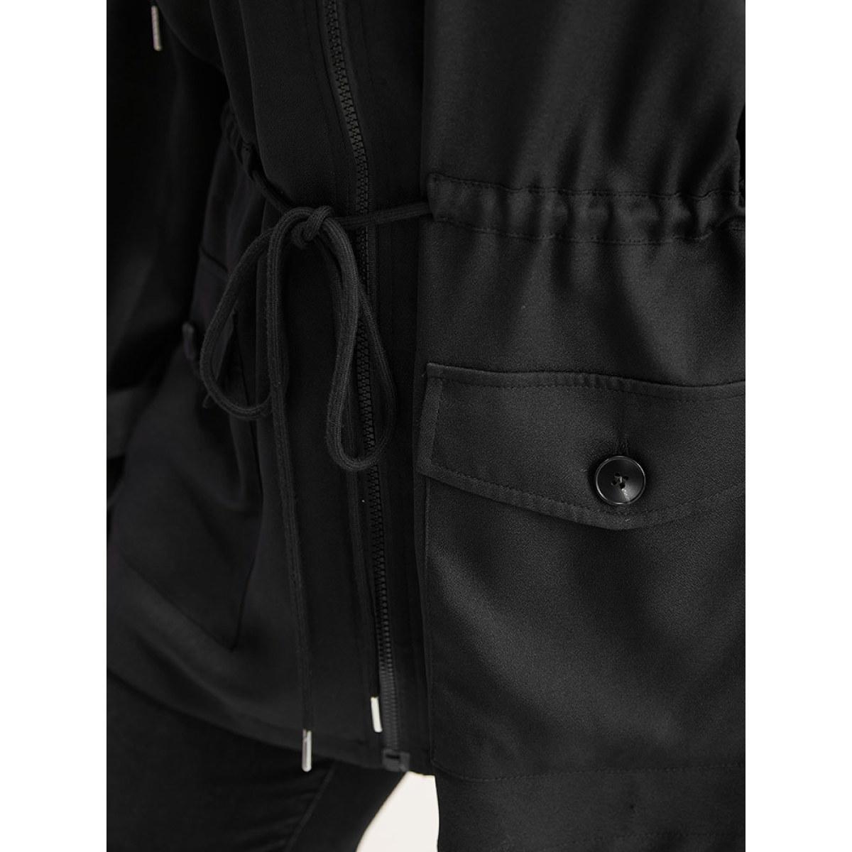 Plus Size Floral Embroidered Elastic Waist Hooded Drawstring Coat Women Black Zipper Pocket Dailywear Jackets BloomChic 12/L Product Image